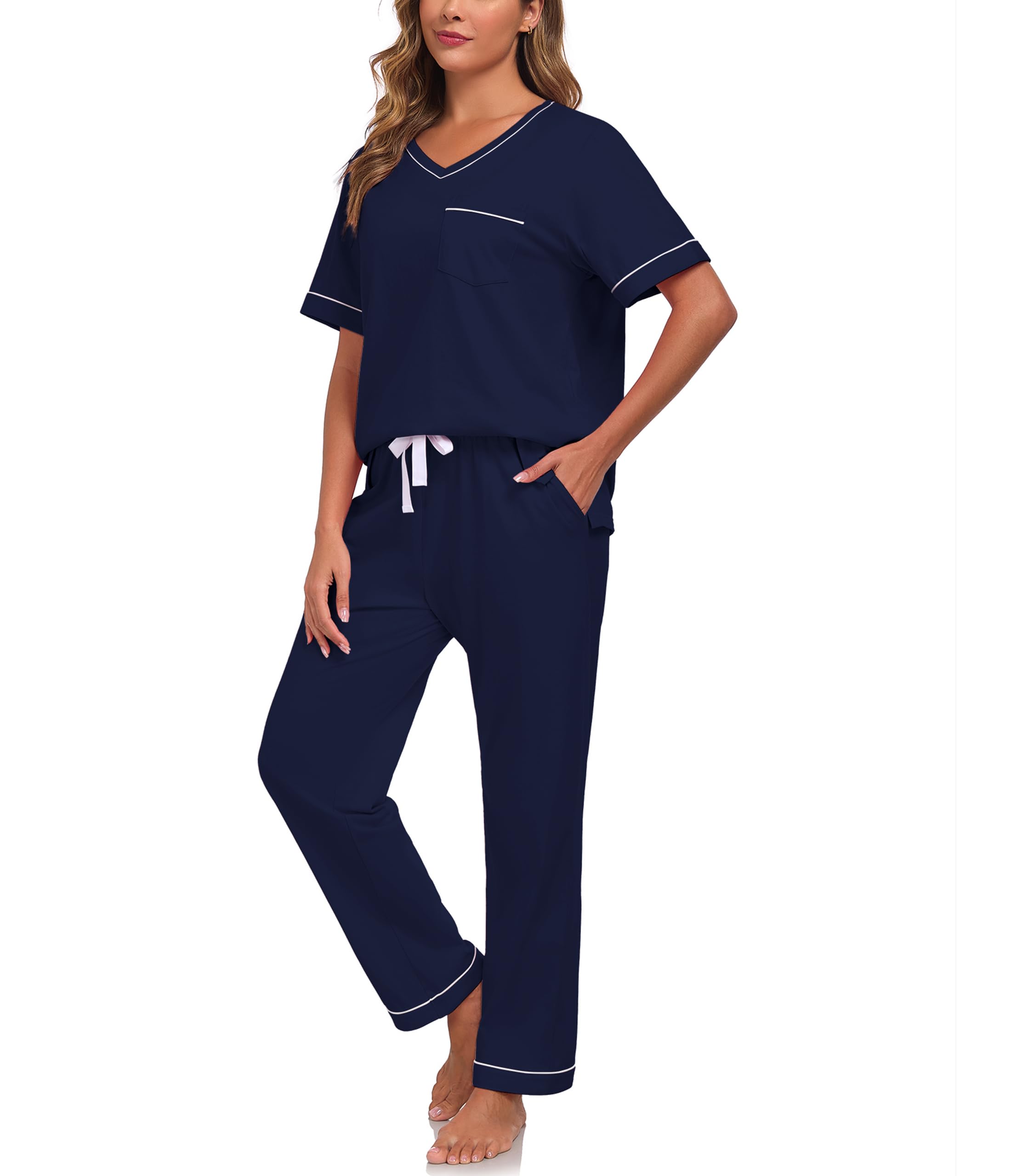 COLORFULLEAF Pyjama 2 pièces 100 % coton pour femme - Col en V - Manches courtes - Pantalon long