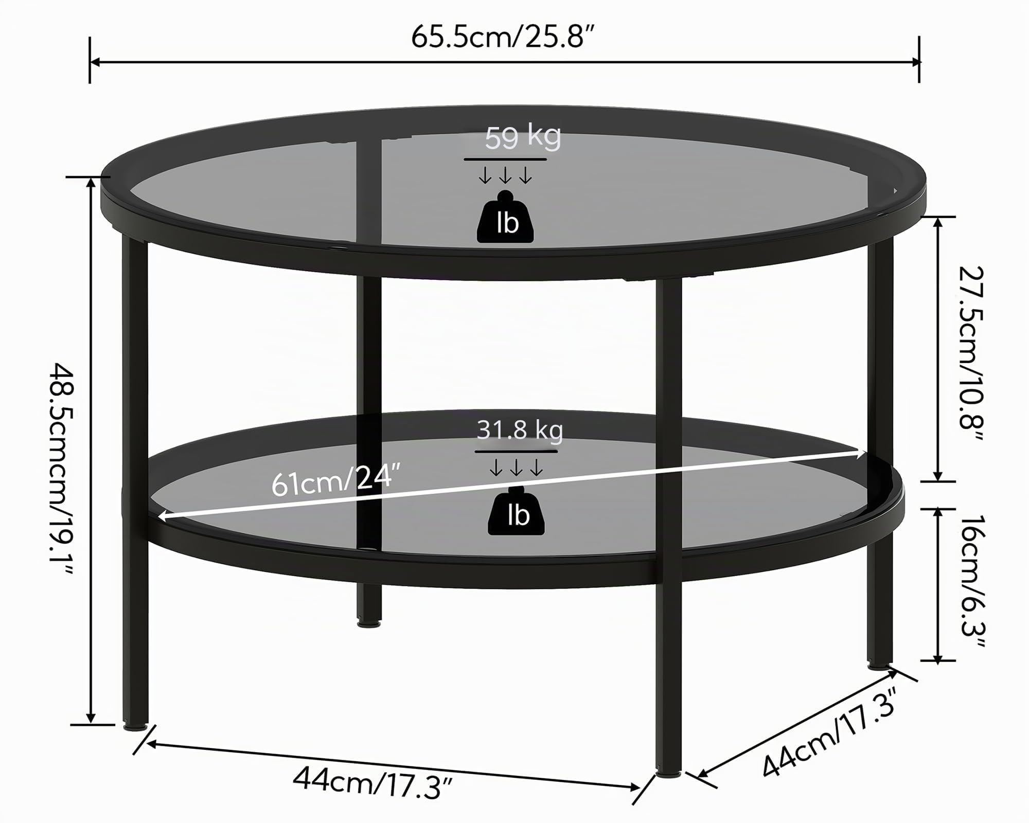 Yusong Mesa de centro redonda de cristal para sala de estar (negro, 2 niveles)