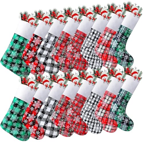 Tatuo 16 Pcs Christmas Stockings 15 Inch Buffalo Plaid Stocking Fireplace Bone Hanging Stockings Fabric Xmas Stocking Pet Stocking Christmas Ornament for Family Christmas Holiday Party (Snowflake)
