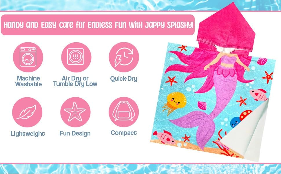 Jappy Splashy - Hooded Mermaid Towel Poncho for Kids Toddler Beach, Swim and Bath Towel with Hood Robe; Kids Quick Drying Beach and Swimming Towel