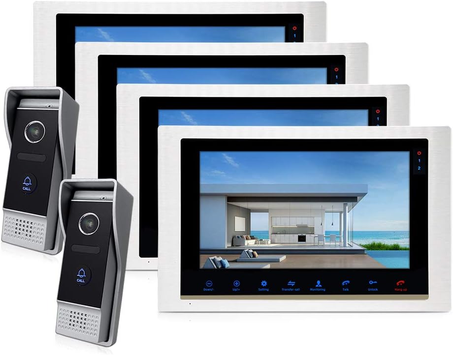 Jeatone Wired 7" LCD Monitor Video Door Phone Kits 4 Units Apartment Video Intercom Entry System Video Doorbell Support Monitoring Unlock Dual way Door Intercom IR Night Vision
