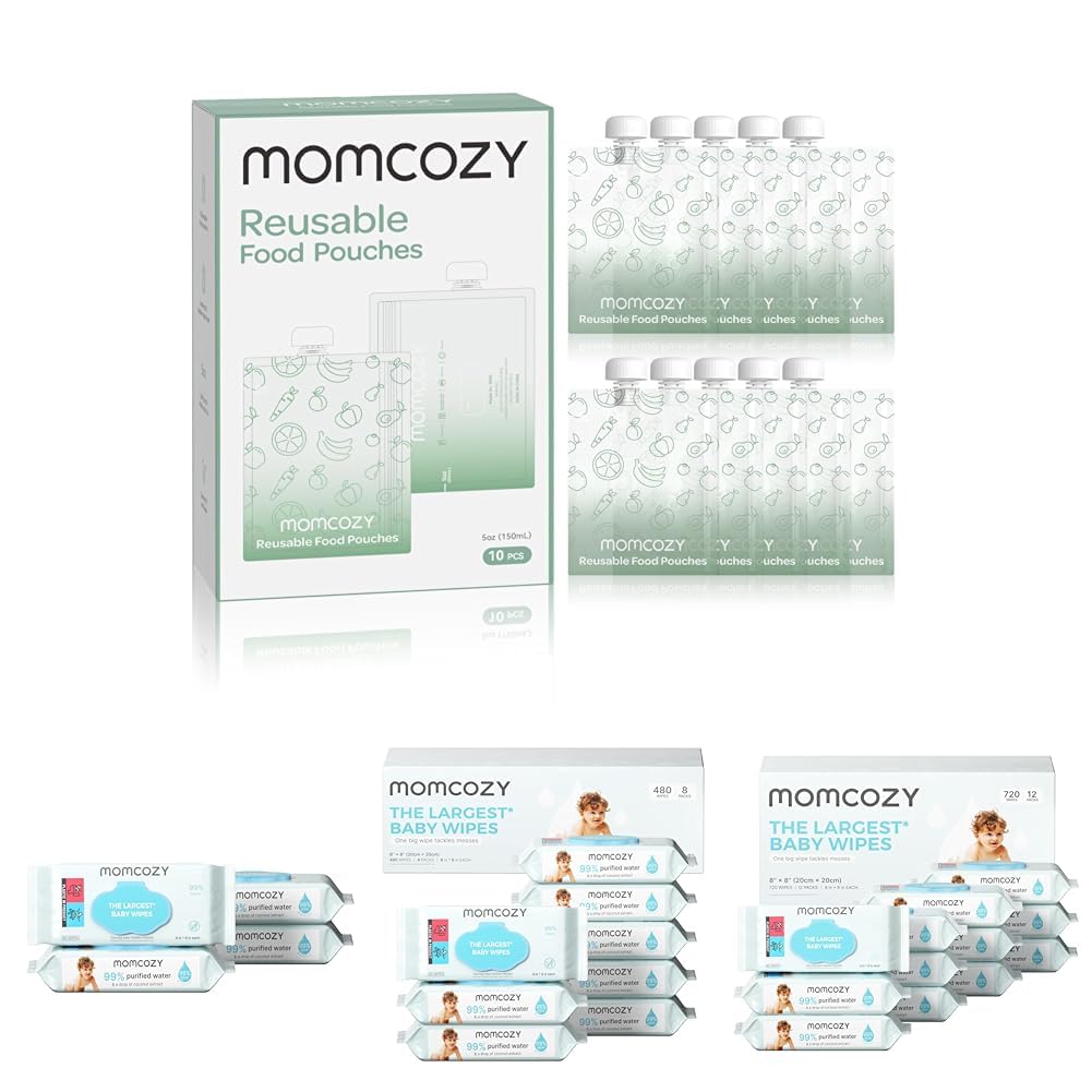 Bundle of Momcozy Reusable Baby Food Pouches for Toddlers,BPA Free Plastic,10 Packs,5oz + Baby Wipes-Extra Large Size Design, 99% Water Based, Unscented & Hypoallergenic