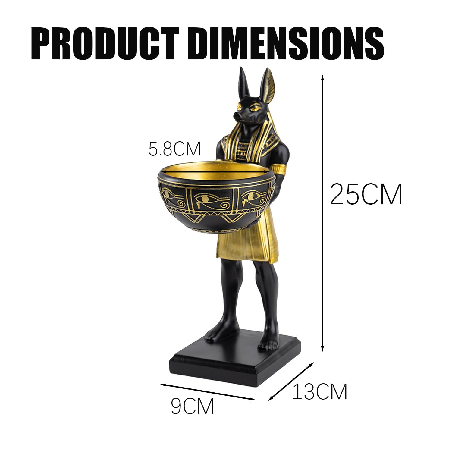 Statue égyptienne d'Anubis en résine avec bol de rangement, figurine décorative mythique noire et dorée, 25 cm de haut, organiseur multifonction pour clés, stylos et petits objets