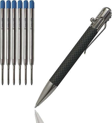 BASTION Bolígrafo de fibra de carbono y acero inoxidable con 6 recambios de tinta azul de gel, punta fina de metal de lujo (0.020 in) para mujeres y