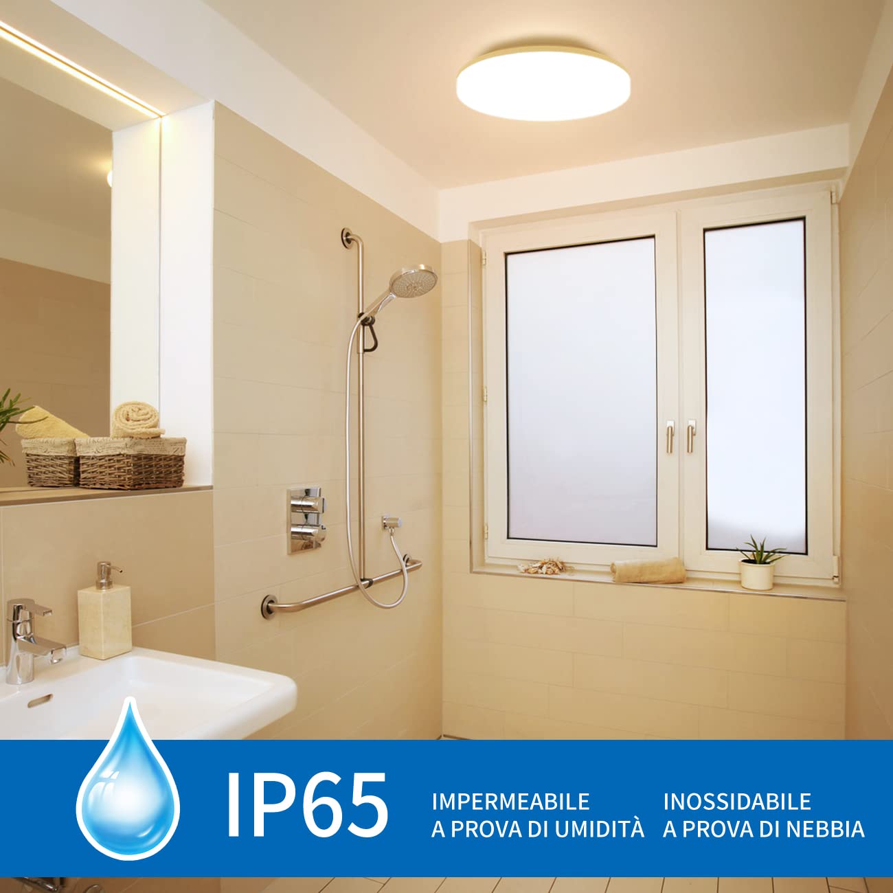 ANWIO Plafoniera LED Impermeabile Rotonda 24W 2400LM Luce Bianca Naturale 4000K Lampada LED Soffitto IP65 Resistente Ad Acqua e Polvere Adatta Per Bagno Cucina Gazebo Balcone Dimensione φ330*50mm