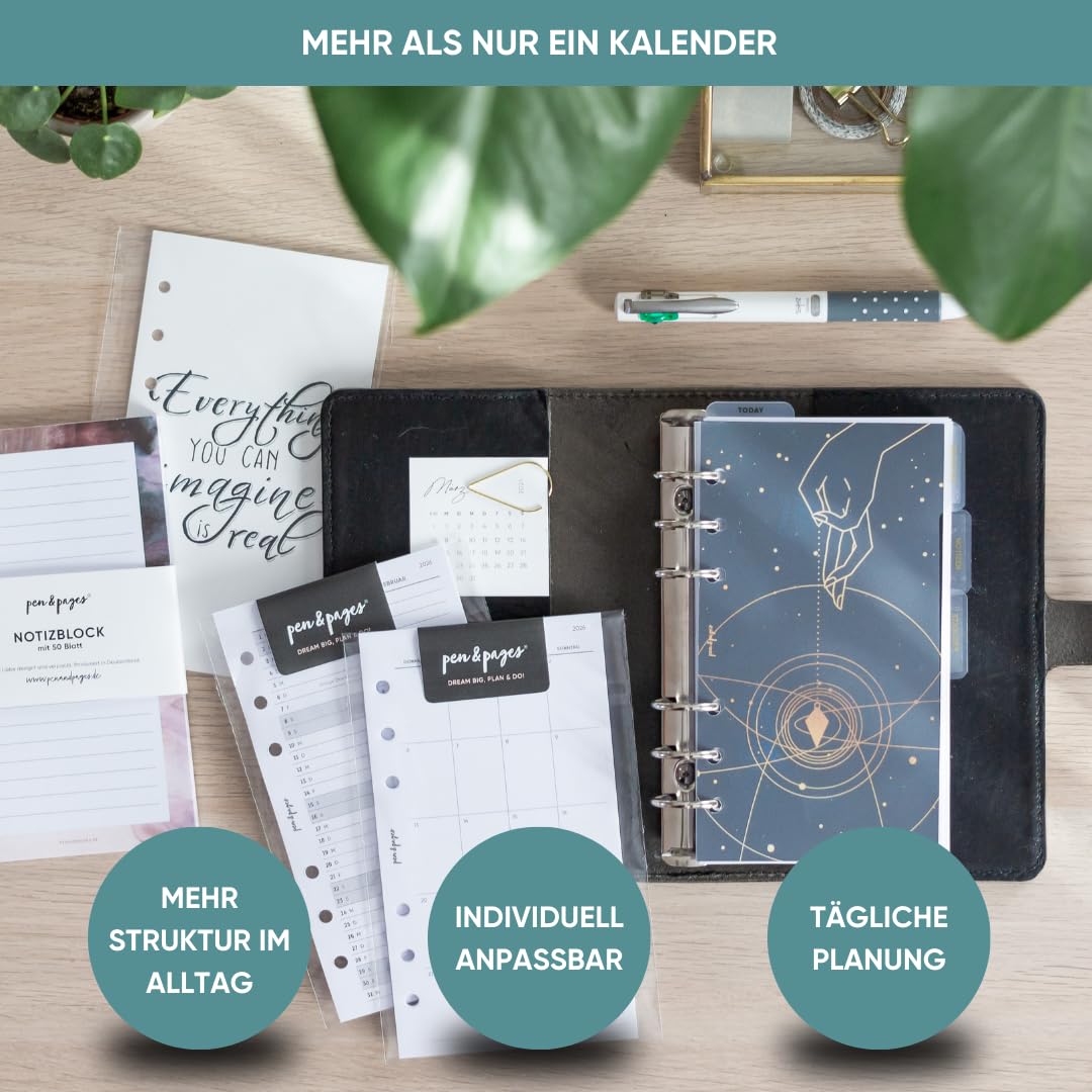 pen & pages® Kalender 2026 "1 Woche eine Seite + ToDo" 1 Woche auf 2 Seiten Personal 9,5 x 17,1 cm Einlage für Ringbuch mit Monatsübersicht Jahresübersicht DACH Feiertagen 6 fach Lochung (All-in-One)