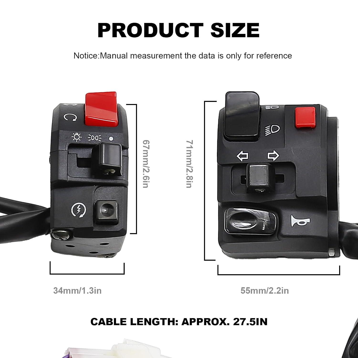 Universal 7/8" Left & Right Motorcycle Handlebar Mount Switch, Side ATV Handlebar Horn Button Turn Signal for Fog Lamp Horn Signal Wires Ignition Stop Control