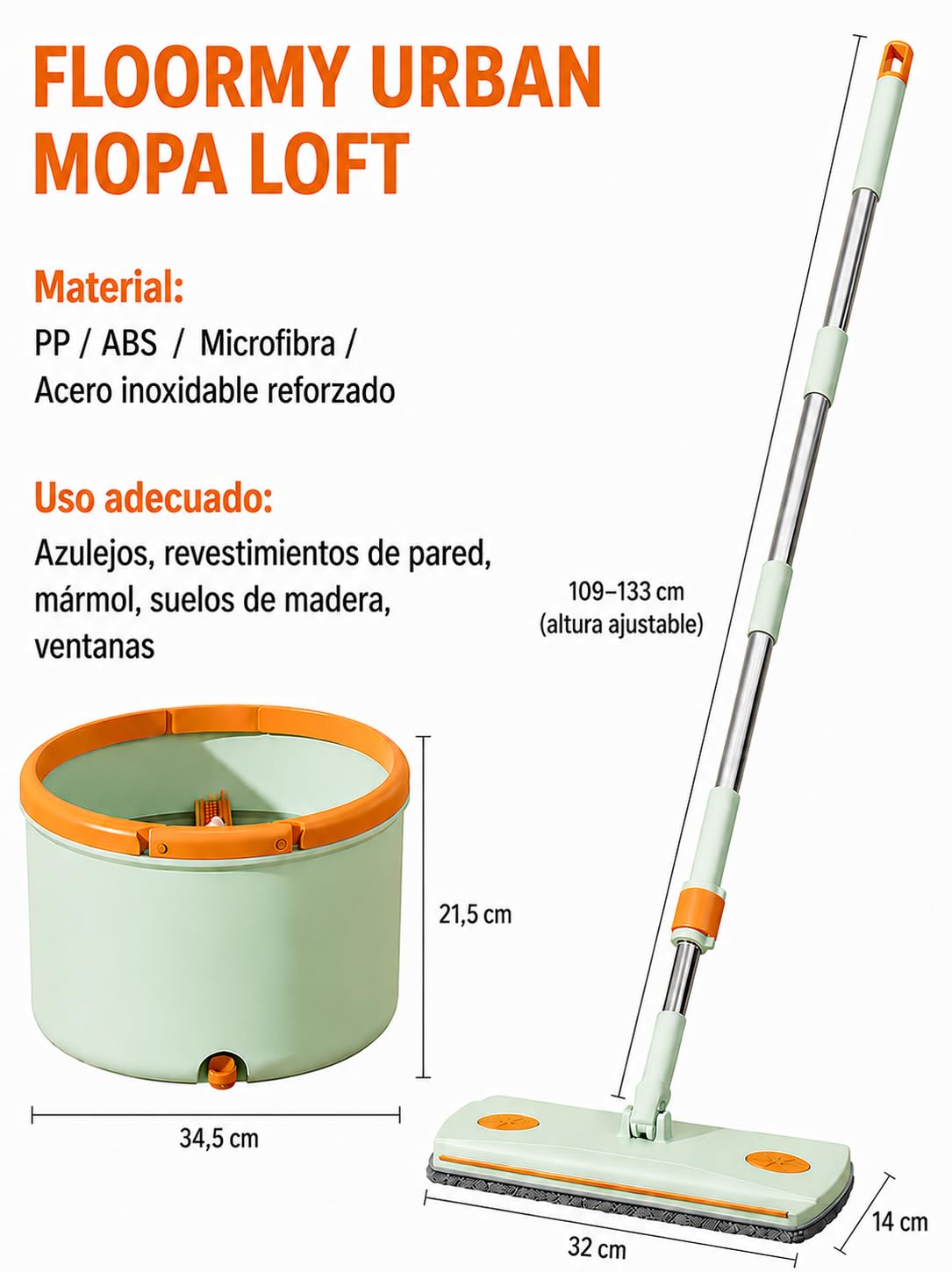 Mopa Plana Giratoria con Cubo de Doble Compartimento 3,8 L – Sistema de Agua Limpia y Sucia, Escurridor Integrado, 2 Mopas de Microfibra, para Parquet y Azulejos, Verde