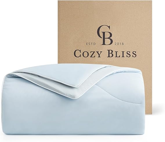 Cozy Bliss Cooling Comforter Queen Size, Reversible Lightweight Cooling Blankets for Hot Sleepers and Night Sweats, Q-Max>0.45 Soft Breathable Silky Smooth Summer Comforter, Cool Blue, 90x90