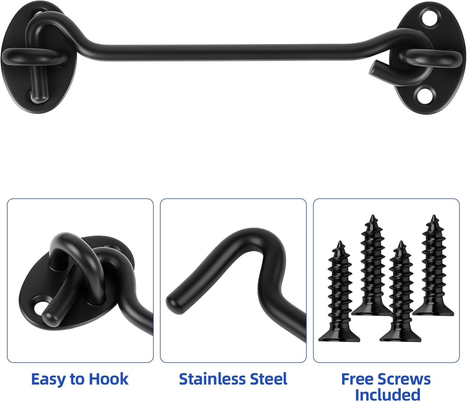 6" Black Stainless Steel Gate Latch, Barn Door Lock with Screws, Privacy Hook for Inside Door, Fence, Window, 4 PCS