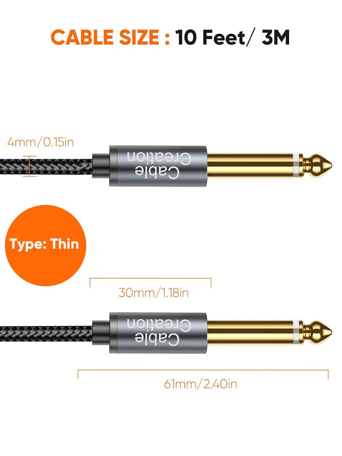 CableCreation 1/4 Instrument Guitar Cable (10FT/3M), Nylon Braid 6.35mm TS Straight Male to Male for Electric Guitar, Bass, Keyboard, Mixer, Amplifier, Amp, Speaker, Equalizer