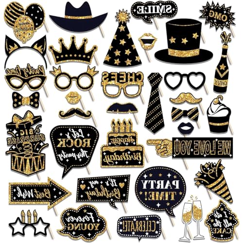 36 Piezas Accesorios Photobooth Fiesta,Disfraces para Fotos con Palos y Pegatinas, Decoraciones Negras Doradas para Cumpleaños Bodas Navidad Halloween,Accesorios Divertidos para Fiestas Fotos Selfie