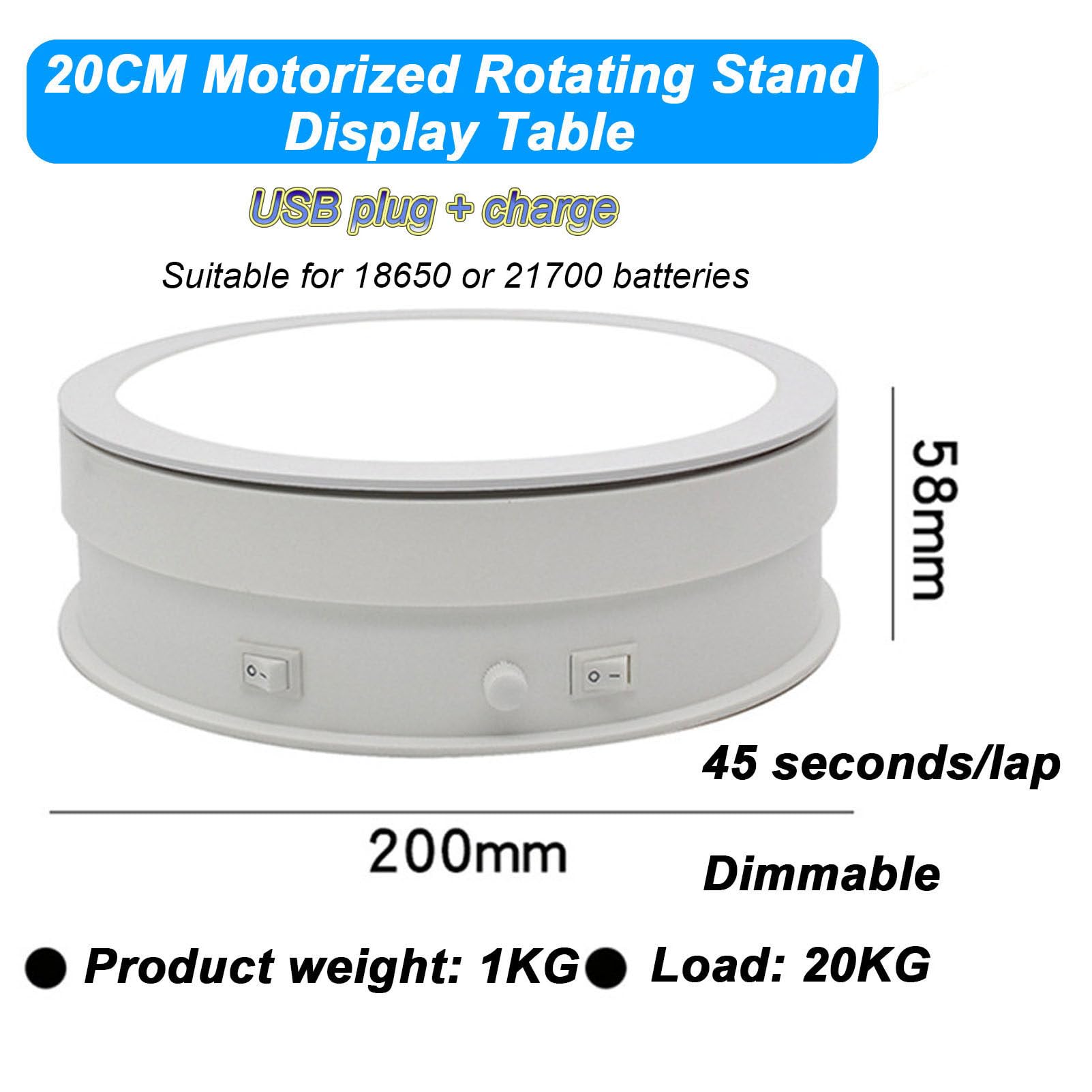 Plataforma Giratoria EléCtrica, Soporte De ExhibicióN Giratorio Motorizado Regulable De 20 Cm, Carga De Carga De 20 Kg, Plataforma Giratoria Silenciosa AutomáTica, RotacióN De 360º,Black