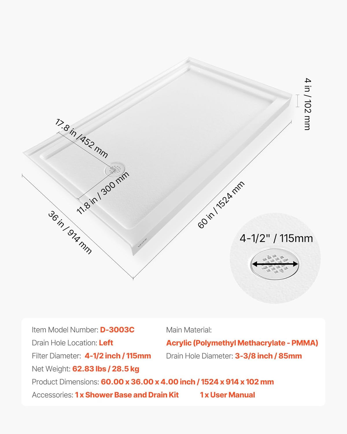 Shower Pan, 60″ L x 36″ W Single Threshold Shower Base, Rectangle Acrylic & PVC Showering Base in White, Slip-Resistant Showering Pan Bases with Drain & Cover for Bathroom, Left Drain