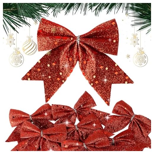 BHGT 24Pz Fiocchi Natalizi Glitterati Fiocchi Decorativi Nastro Fiocchetti Paillettes Decorazioni Natalizie Albero di Natale Ghirlanda Scatole Regalo Bomboniere Matrimonio Capodanno Fai da Te (Rosso)