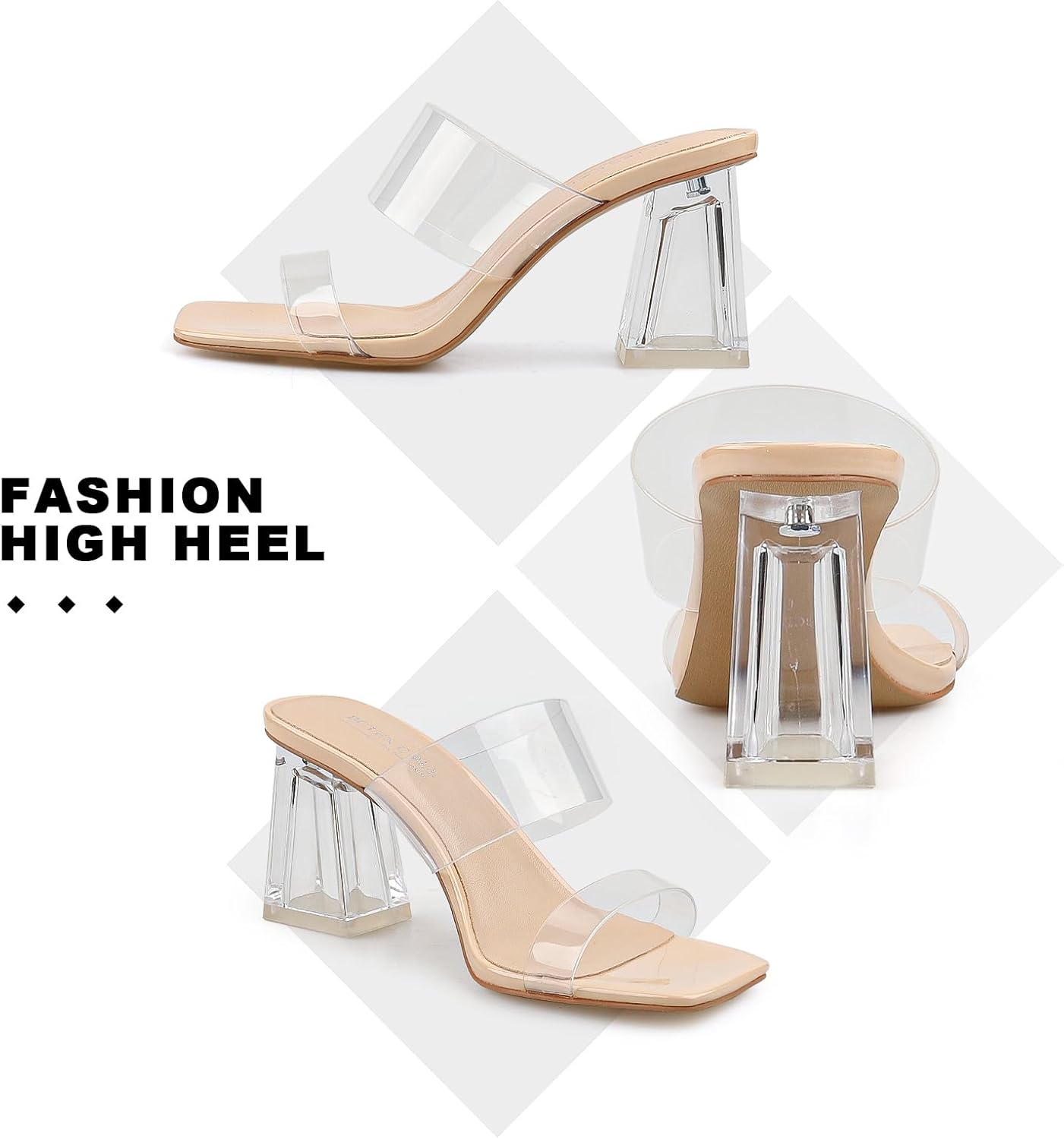 BCTEX COLL Women's Clear Heeled Sandals Transparent Two Strap Square Toe Slip On Chunky Block Heels Dress Shoes, Beige, Black, Nude, Rose Gold - Image 3