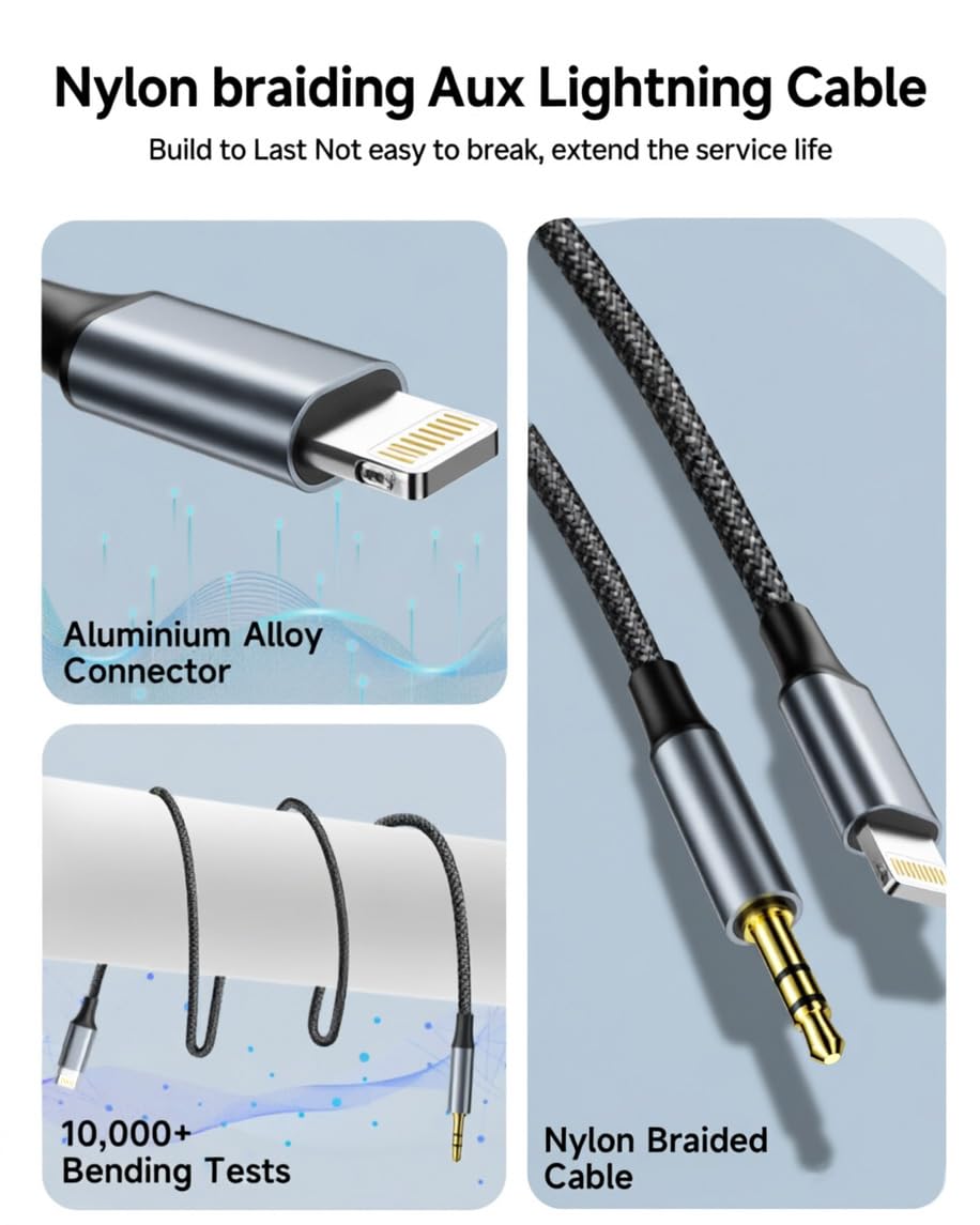 Kabel AUX do Lightning 1M Przejściówka Lightning na gniazdo słuchawkowe 3,5 mm Przewód AUX Samochodowego Zestawu Stereo/głośników/słuchawek,Kompatybilny z iPhone 14,13,12,11,XS,XR,X,8