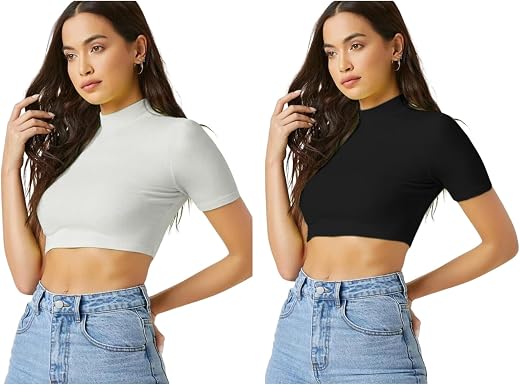 Dream Beauty Fashion Women's High Neck Short Sleeves Stylish Crop Top, 17 Inches - Pack of 2 (White Combo-Bullet-P)