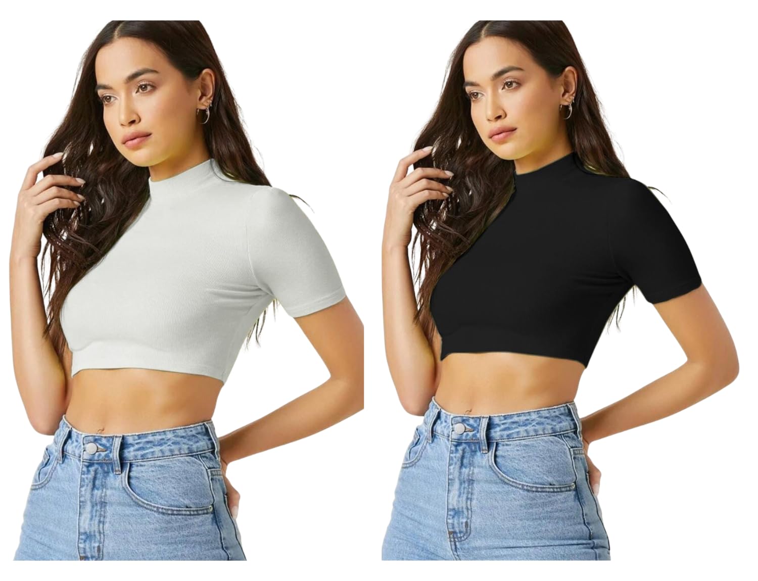 dream beauty fashion Women's High Neck Short Sleeves Stylish Crop Top, 17 Inches - Pack of 2 (White Combo-Bullet-P)-picture-23