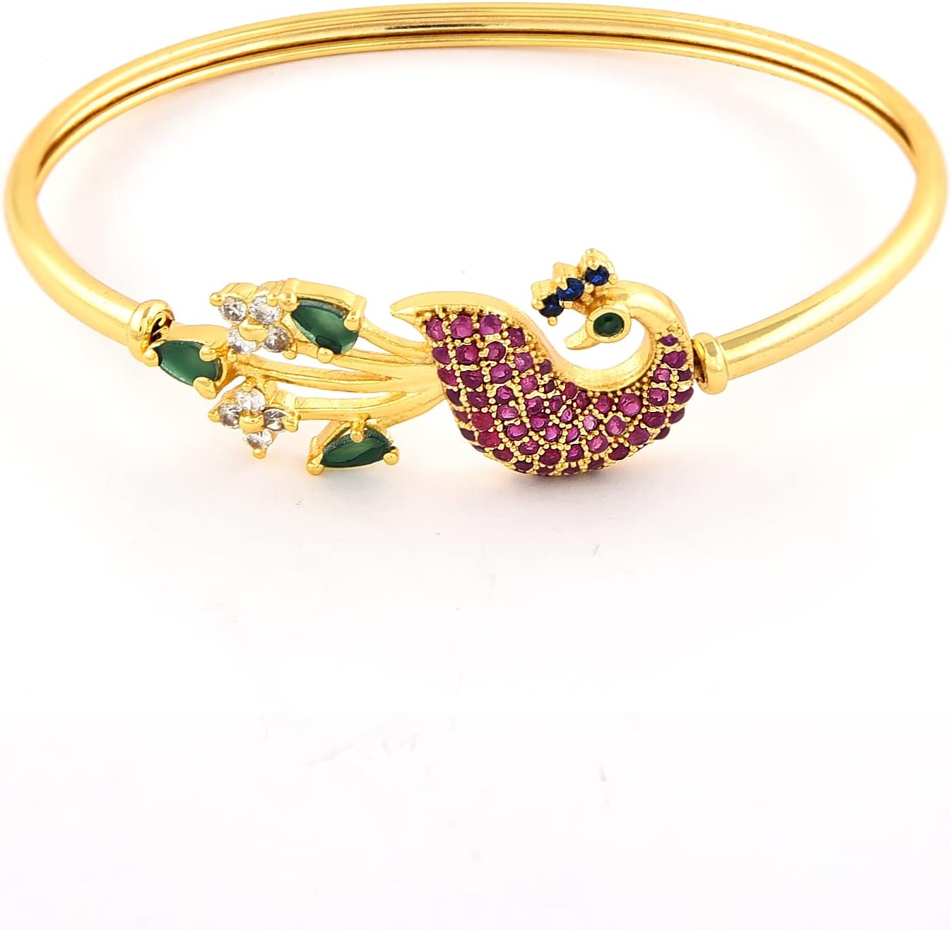 ZAVERI PEARLS Pink & Green Cubic Zirconia Peacock Inspired Bangle Style Brass Kada For Women-ZPFK10390