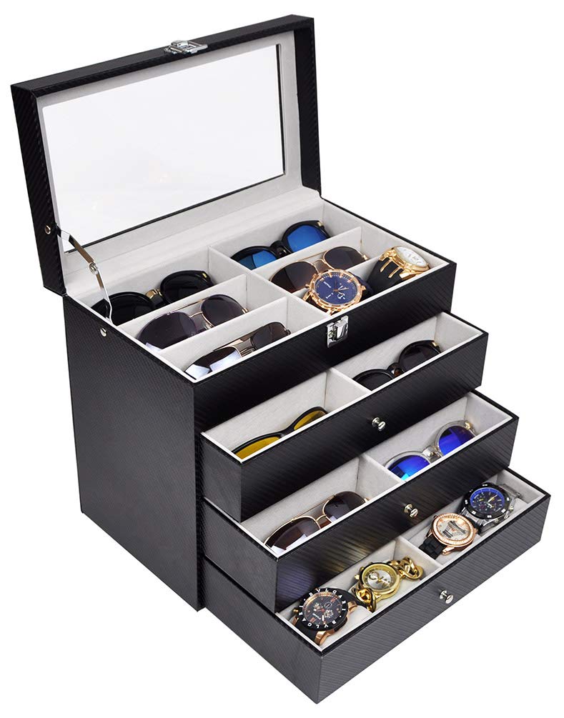 ADTL 4 Layer 24 Slots Eyeglass Sunglass Storage Box Display Glasses Textured Pattern Grey Inner