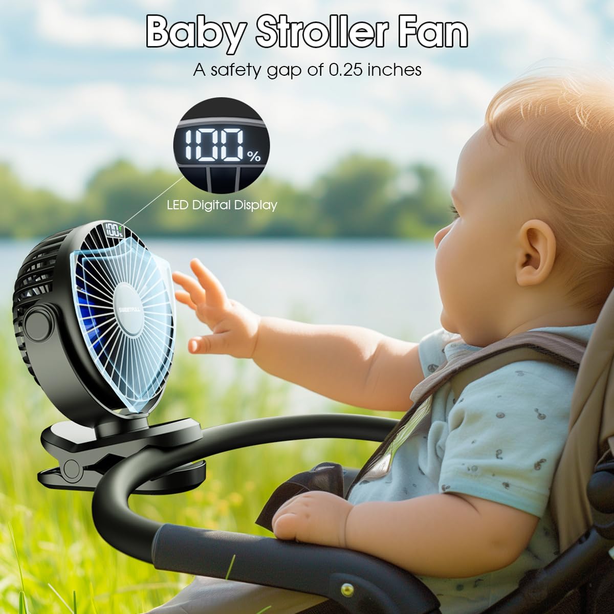 WASAGA Tragbarer Clip Auf Lüfter, Batteriebetriebener Kinderwagenventilator mit 4000mAh & LED-Anzeige & 3 Geschwindigkeiten Mini Persönlicher Kühlender Tischventilator für Golfwagen (Schwarz)