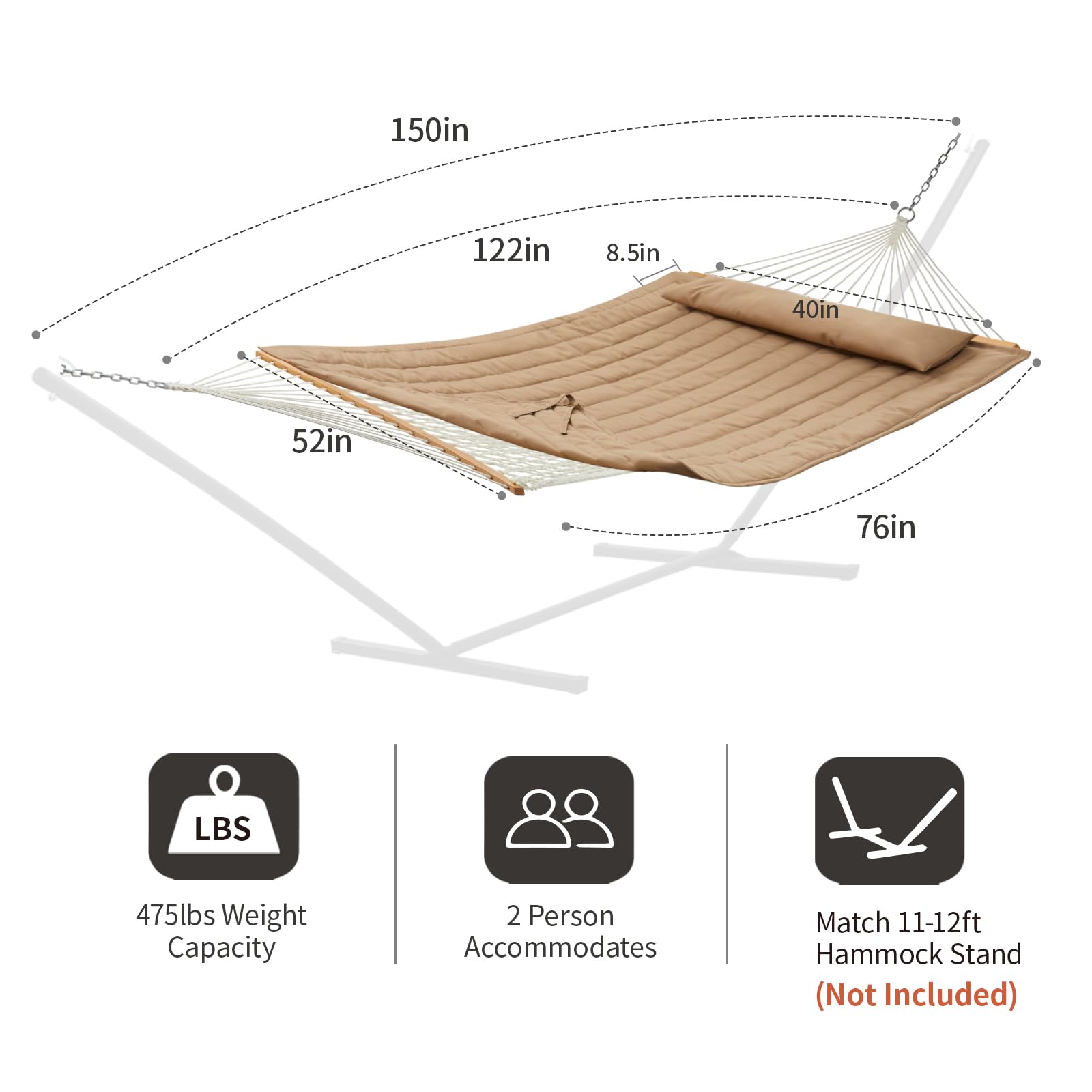 Hamaca doble para exteriores con barras separadoras de madera dura, hamaca de cuerda grande con almohadilla de poliéster y almohada, capacidad de 475 libras para 2 personas, patio, patio 6