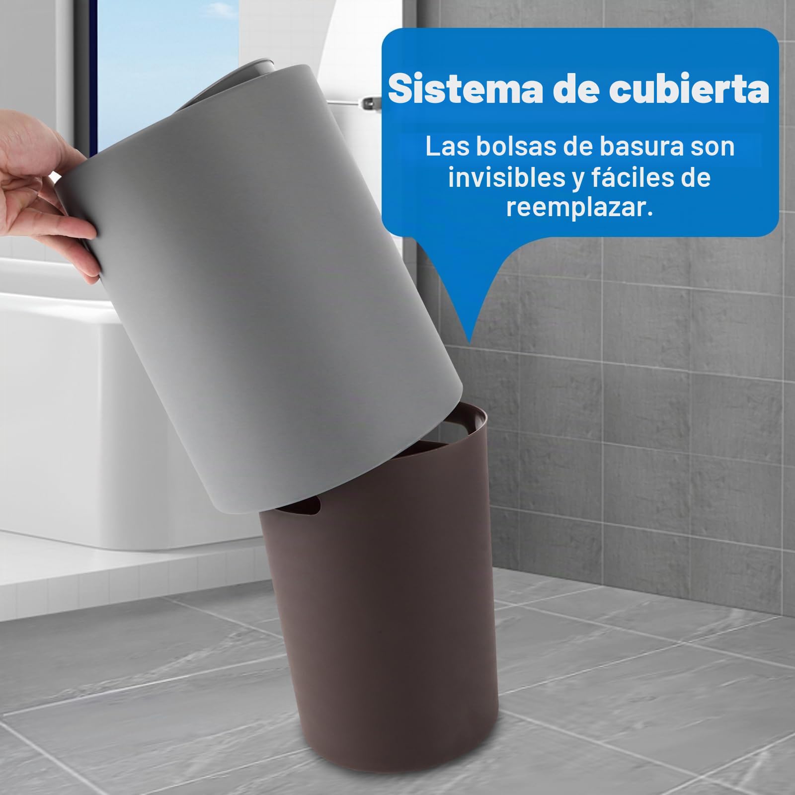 YAYODS Cubo de basura para baño de 8 L, color gris, 26 x 22 x 16,5 cm, con tapa, libre de BPA, cubo de basura basculante – Cubo de basura de plástico para baño, cocina, oficina