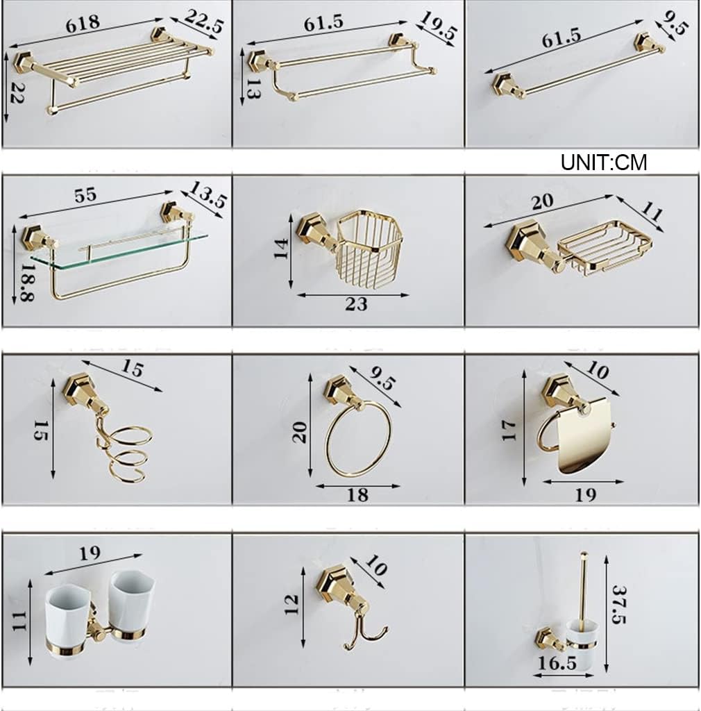 LSLYTQ Style Full Copper Gold Towel Ring, Coat Hook, Toilet Brush, Double Cup, Hair Dryer, Tissue Holder, Light Luxury Bathroom Accessories Kit