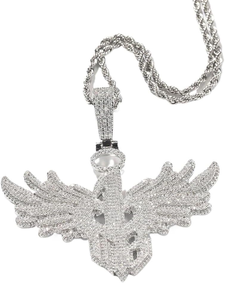Hip Hop Angel Wing Cross Pendant Necklace for Men, Gold-Tone Rope Chain, Iced Out Zircon Angel Jewelry, Bling Statement Accessory for Daily Wear