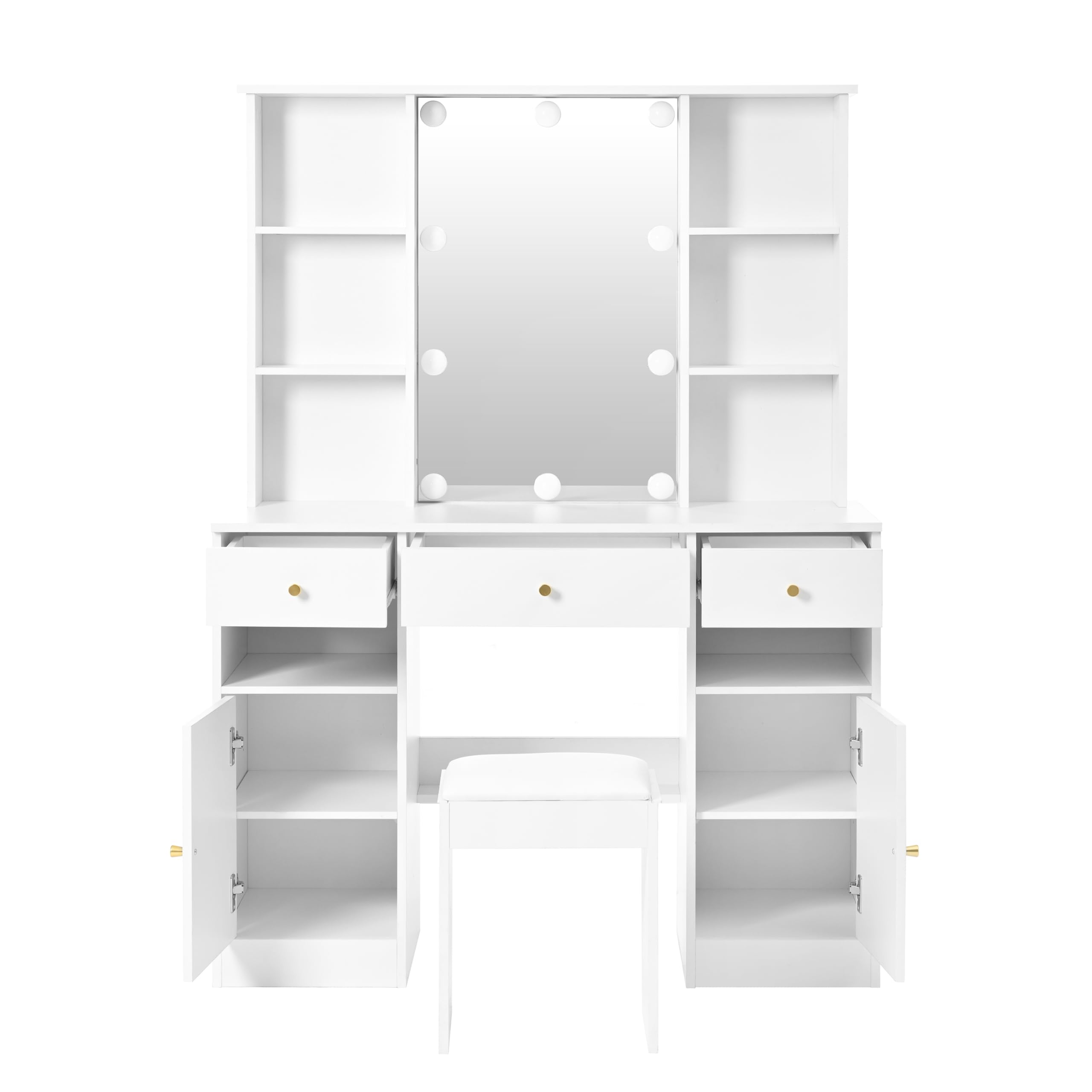 Große Schminktisch mit Verstellbaren LED-Beleuchtung, Make-up Tisch mit Spiegel & Hocker, 110×40×151cm, Schminktisch-Set mit 3 Schubladen und 2 Türen für Schlafzimmer, Weiß