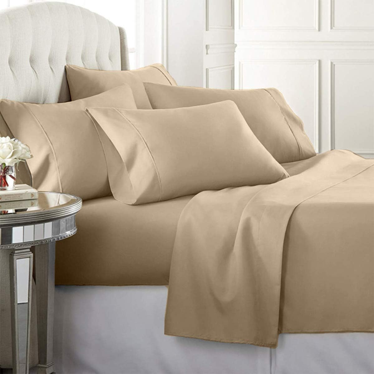 Luxury Home Super-Soft 1600 Series Double-Brushed 6 Pcs Bed Sheets Set (California King, Cream)