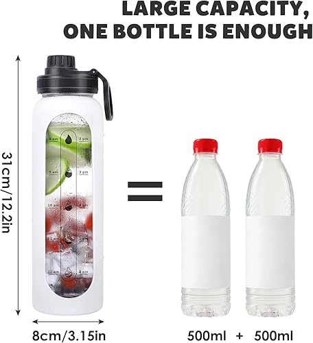 Miniatura 5 de GIEMIT Botellas de agua de vidrio de 32oz con funda de silicona, botellas de hidratación para beber, reutilizables, borosilicato, boca ancha,