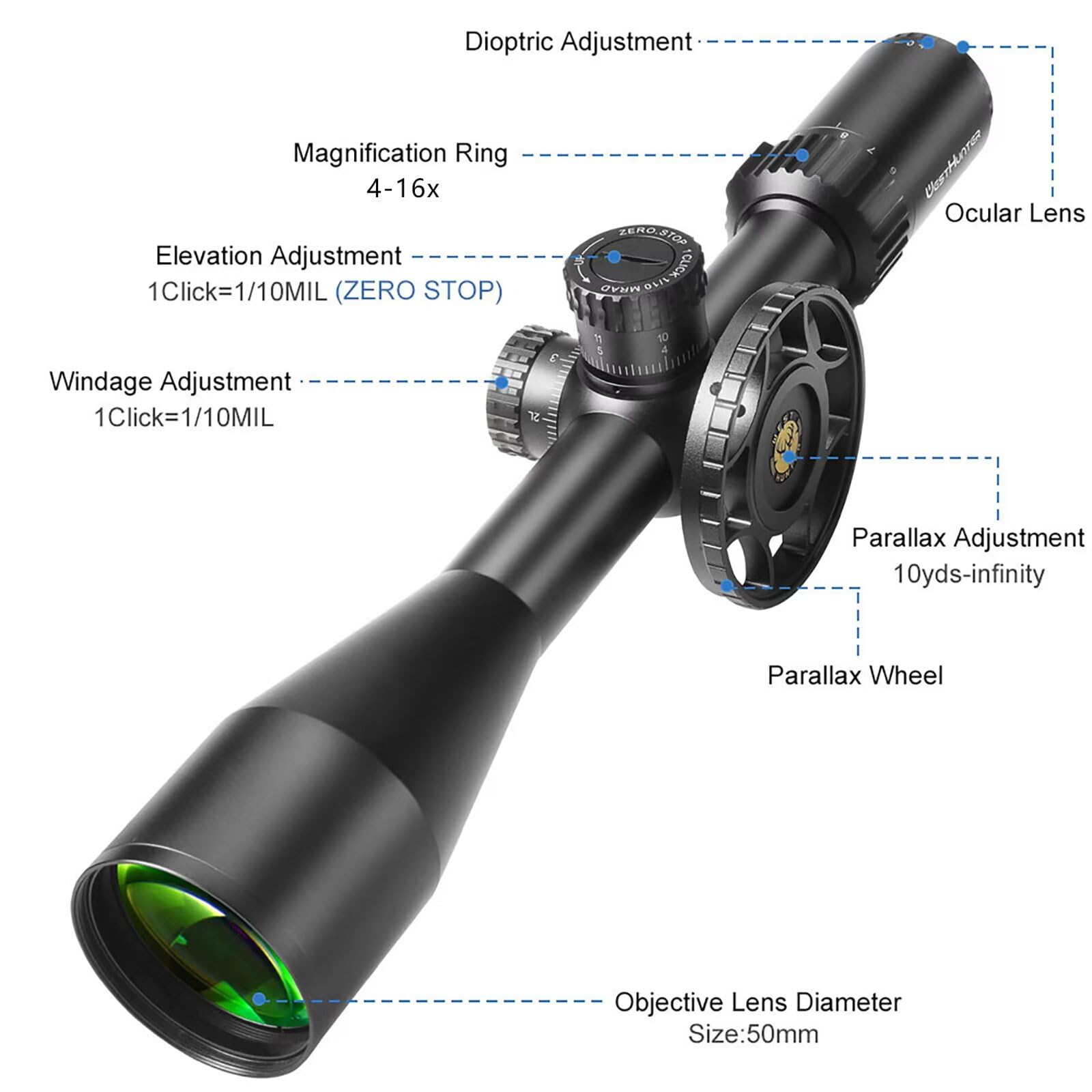 Lunette de Visée de Précision WestHunter Optics HD Gen2 6-24x50 FFP, Tube de 30 mm, Réticule Gravé sur Verre en Premier Plan Focal, Lunette Tactique 1/10 MIL pour la Chasse | Arrêt Zéro/Réinitialisation Zéro