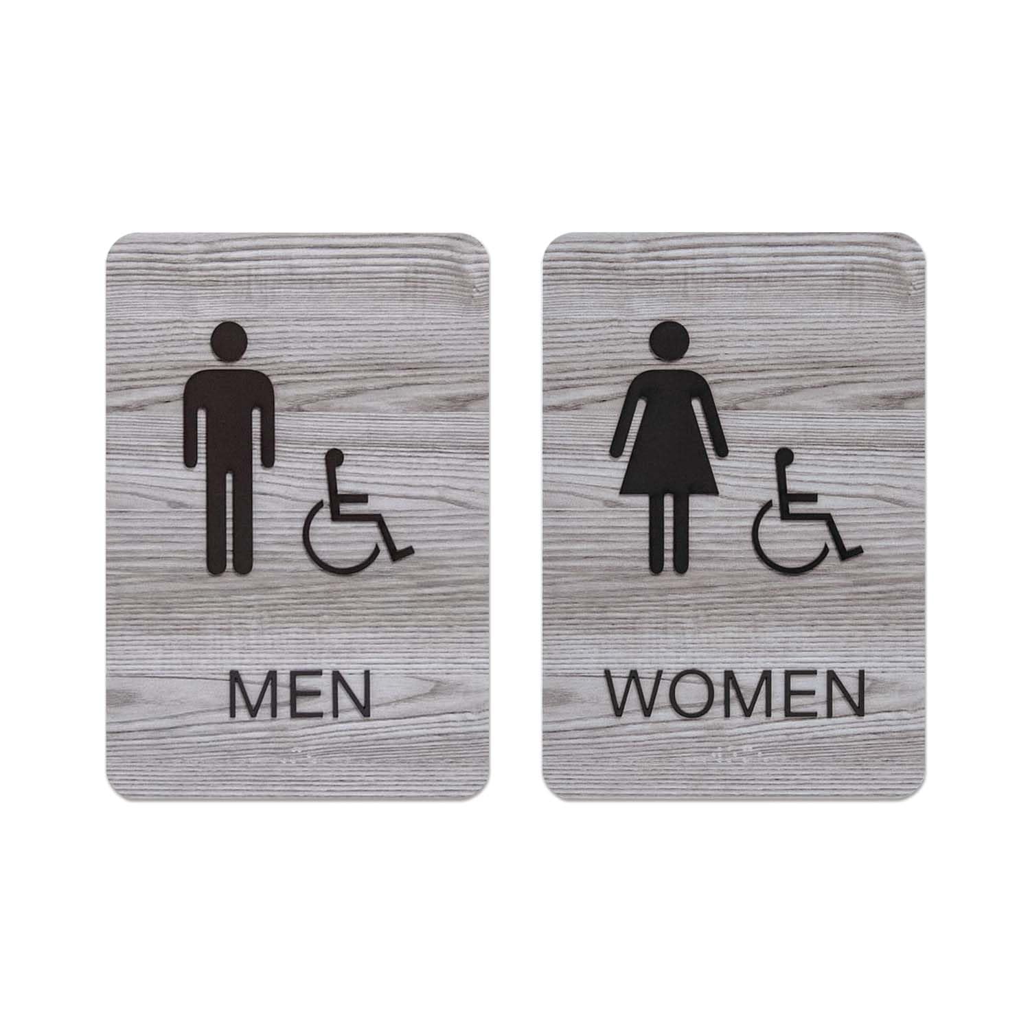 Ash Grey Woodgrain Men And Women ADA Restroom Signs/Modern Chic Acrylic 6" x 9" Bathroom Sign Set With Braille