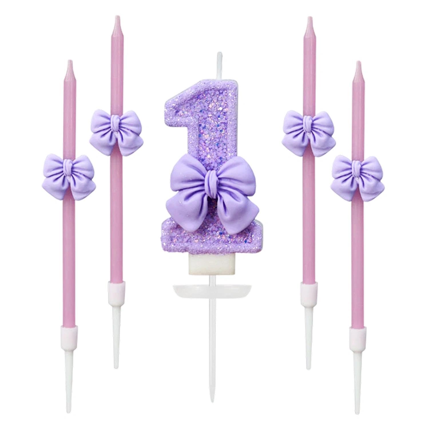 1st Birthday Candle, Purple Bow 1 Candle Set with 4Pcs Candles for Cake, Number 1 Cake Topper for Women Girls Birthday Party Anniversary Celebration Supplies