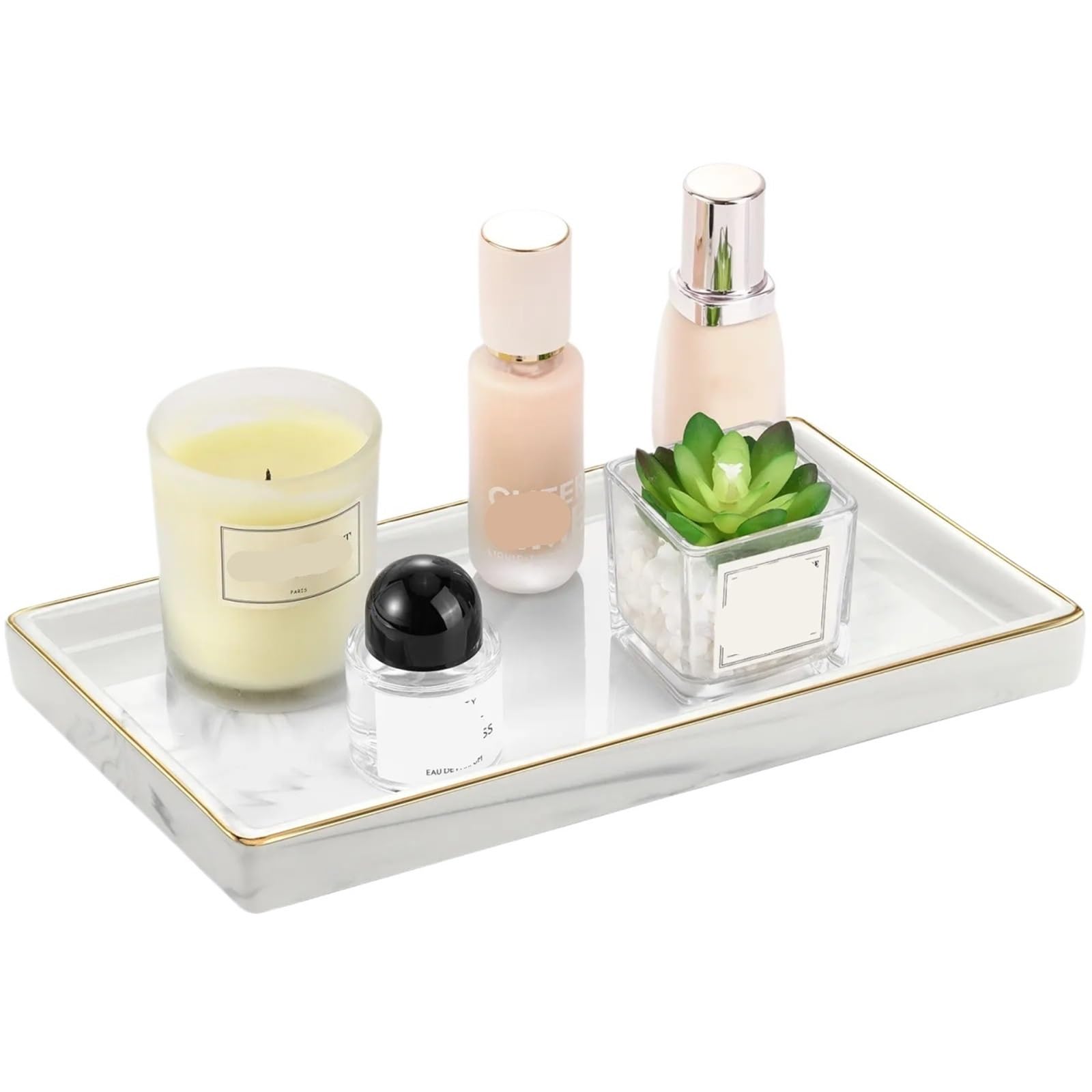 Perfume Tray Bathroom Vanity Tray Marble Ceramic Trays for Counter Gold and White for Dresser Kitchen