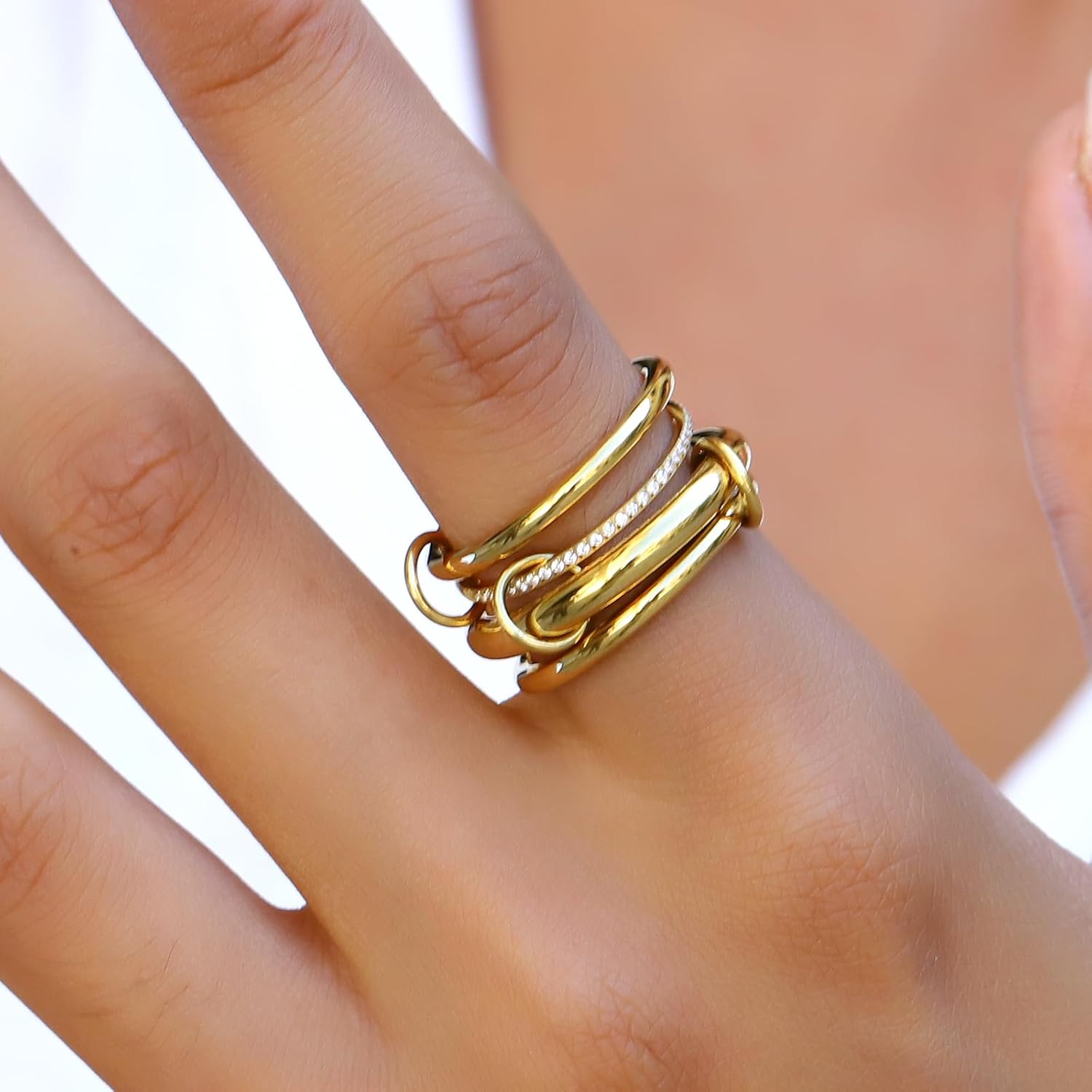 Gold Stackable Rings for Women,18K Gold Plated with Cubic Zirconia,Gold Stacked Multi Ring Interlocking Mixed Stacked Rings for Women Non Tarnish Size 5-10 - Image 2