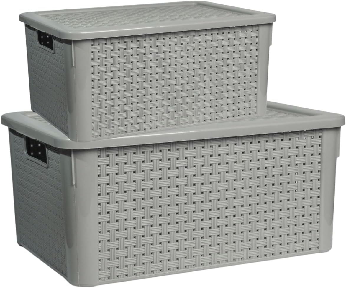 GIOTTO HomeBox Rattan 2-Piece Plastic Storage Box Set with Lids – 7L (237oz) & 14L (474oz) – Organizer Bins for Closet, Pantry, Office & Laundry
