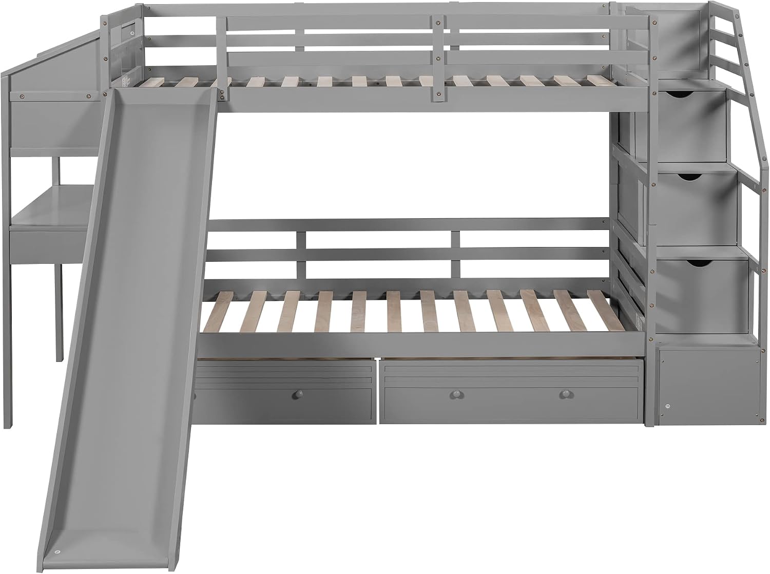 Twin Over Twin Bunk Bed with Stairs and Slide, Wooden Bunk Bed with Desk and Storage Drawers, Modern Bunked Frame for Kids Boys Girls Teens, Gray