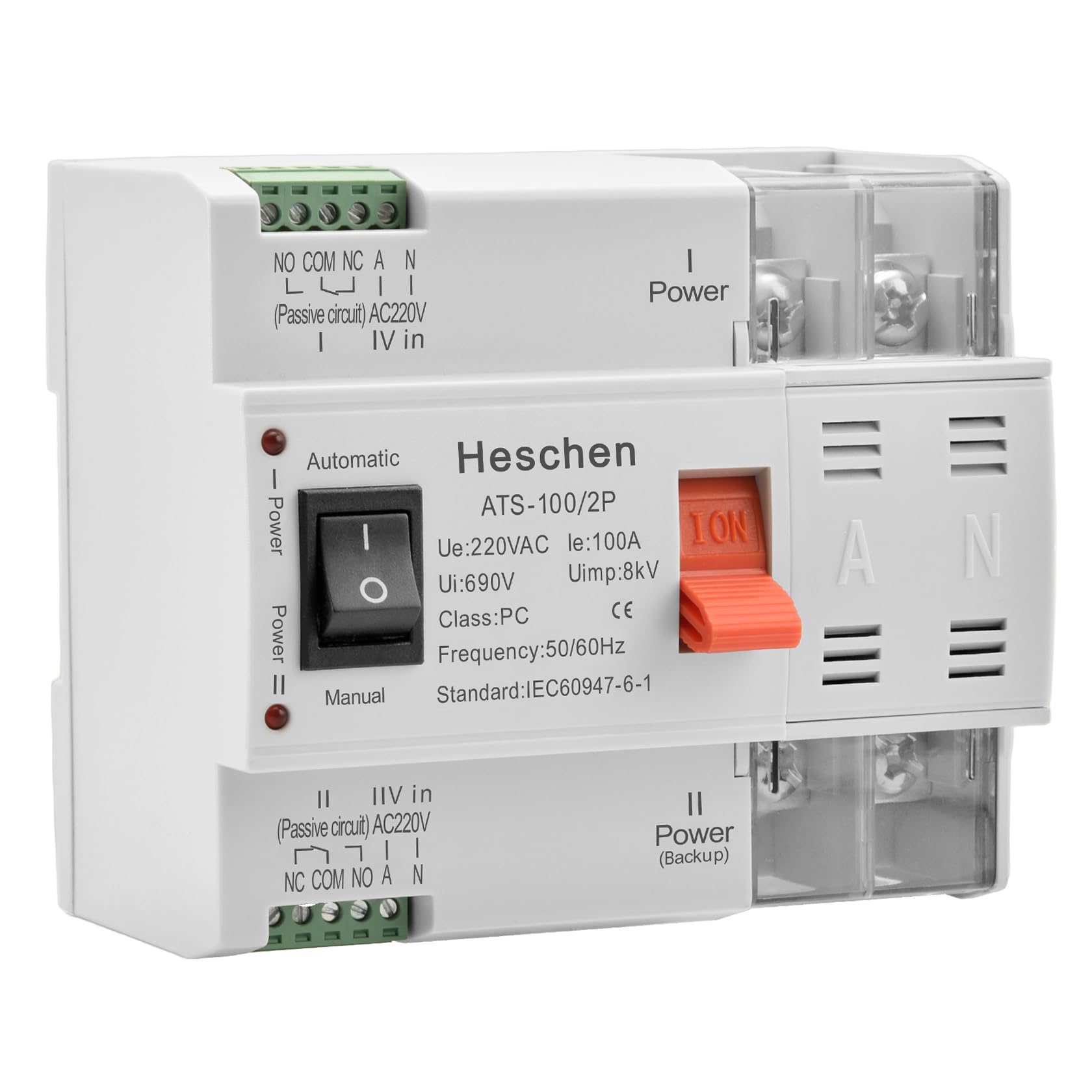 Heschen ATS Interruttore automatico a doppia corrente, ATS-100 2P 100A, 220 VAC, 8kV, classe PC, automatico/manuale, per la commutazione di circuiti elettrici