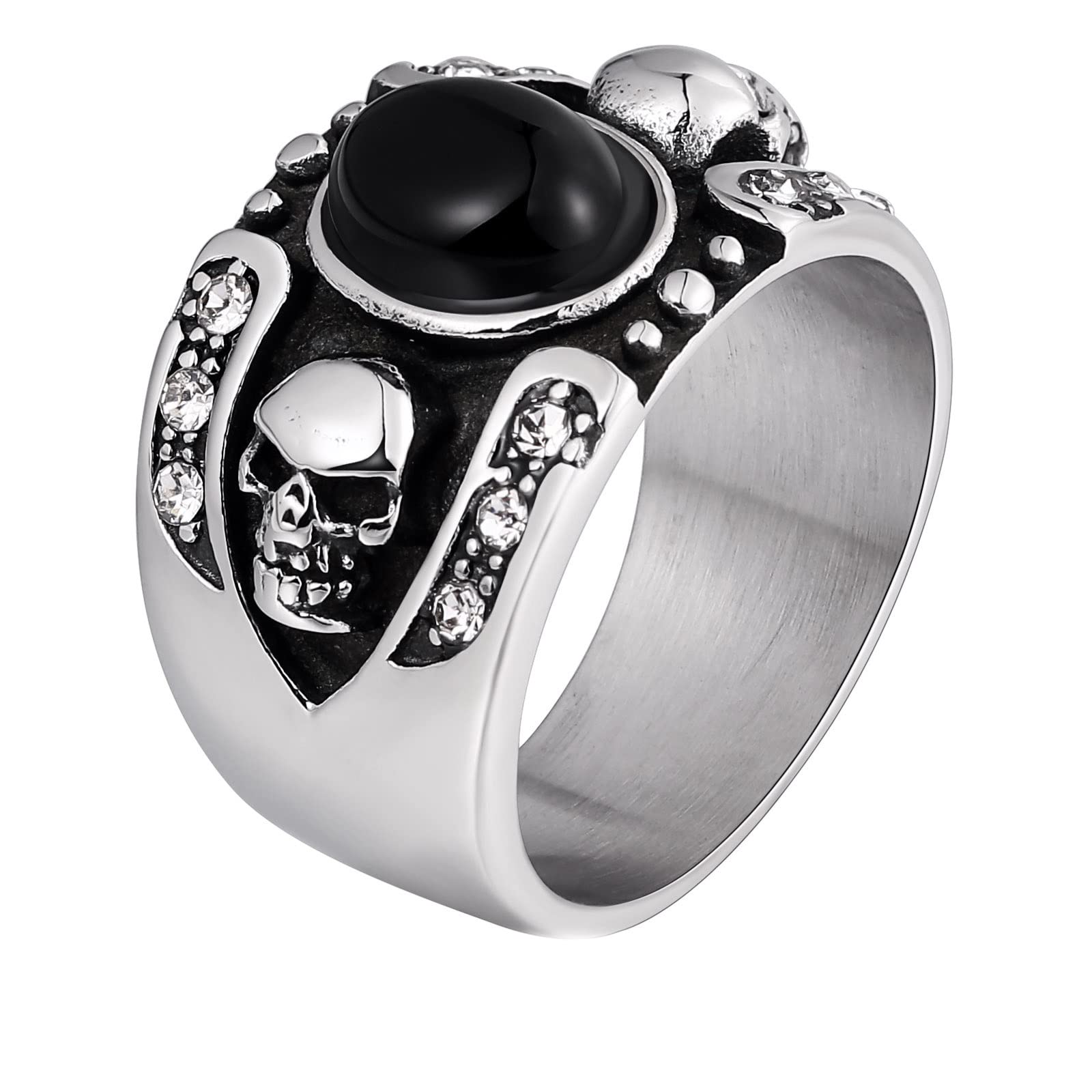 Anello Fidanzamento Acciaio Anello Fidanzamento per Lui Anello Teschio con Pietra Ovale Anelli Acciaio Nero/Marrone Taglia 15 to 30