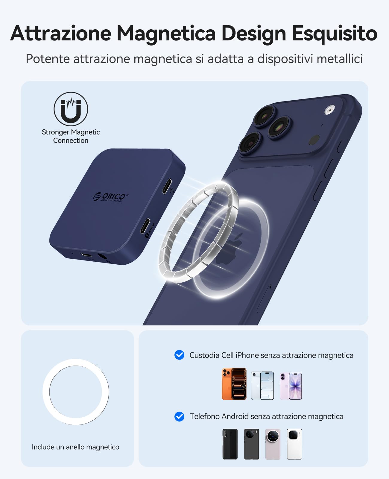 ORICO Lettore di schede SD magnetico con ricarica PD 100W, SD/TF 3.0, velocità di trasferimento dati 104 MB/s, Card Reader Compatibile con iPhone 17/16/15, iPad Pro e MacBook (Blu, 6 IN 1)