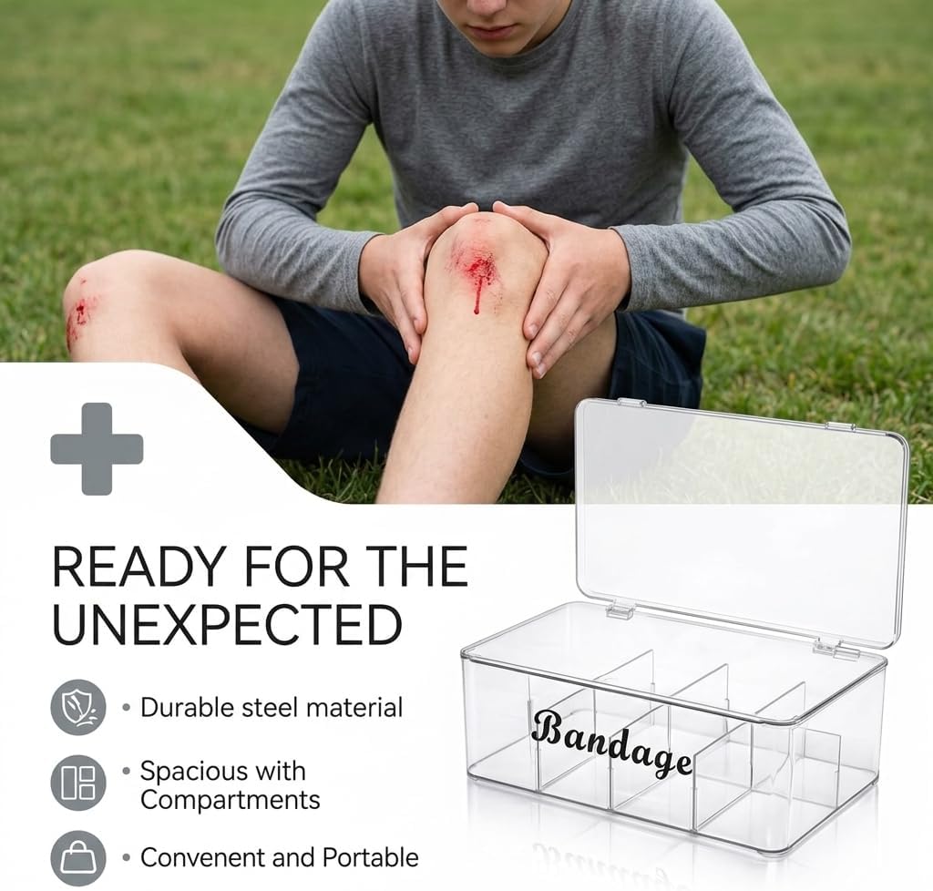 Bandage Storage Organizer -Large Capacity First Aid Organizer -8 Compartments Bandaid Holder-Medicine Cabinet Storage for Cotton Swab, Paper Clips,Pills,Flip Cover (Clear) image 3