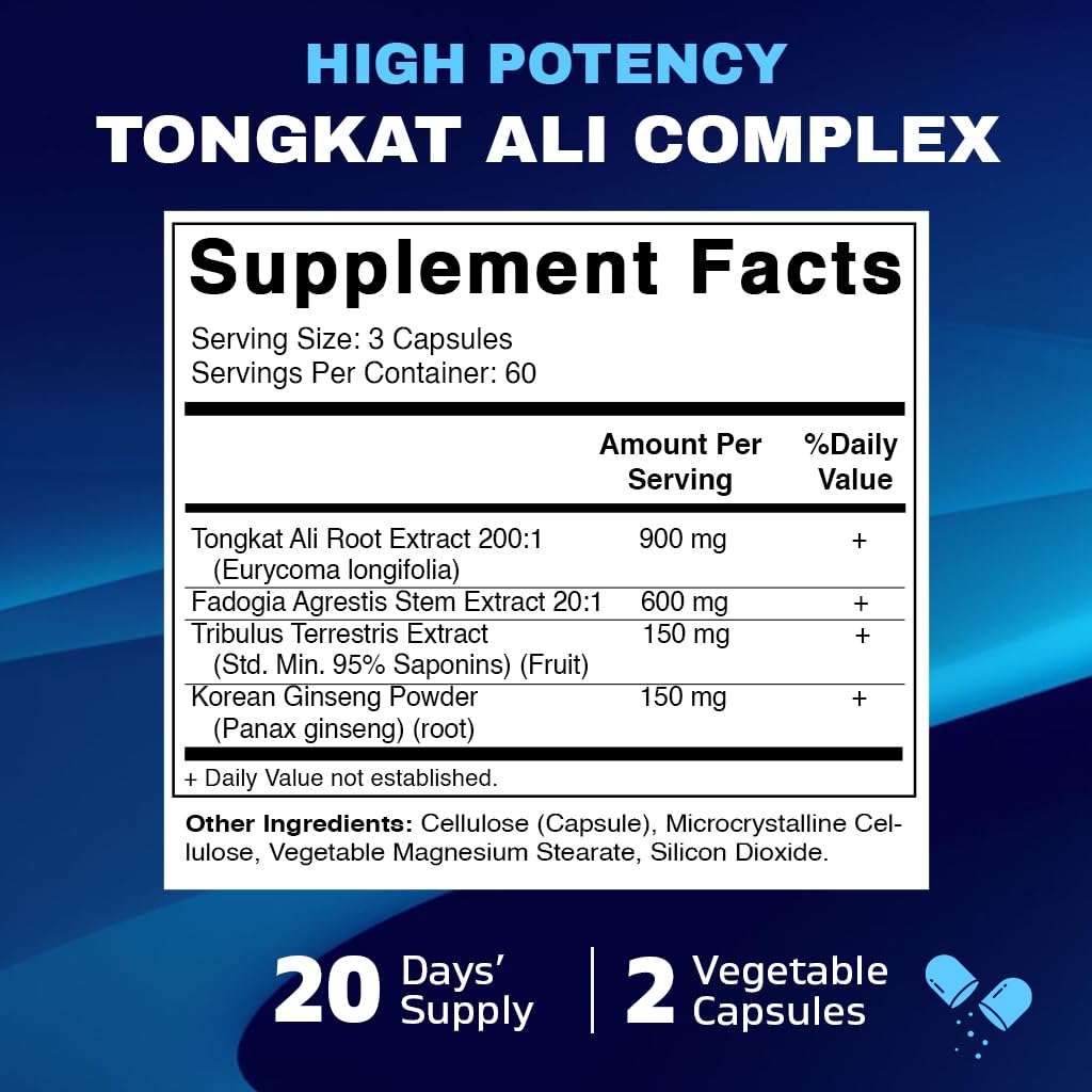 Vitamatic Tongkat Ali Extract 200 :1 Extract for Men (Longjack) Eurycoma Longifolia - 1800 mg Per Serving - Made with Fadogia Agrestis 20:1 Extract, Tribulus 95% & Panax Ginseng - 180 Capsules