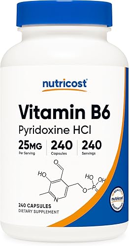 Nutricost Vitamina B6 (Pyridoxine HCl) 25 mg, 240 cápsulas - Sin OMG, sin gluten y apta para vegetarianos