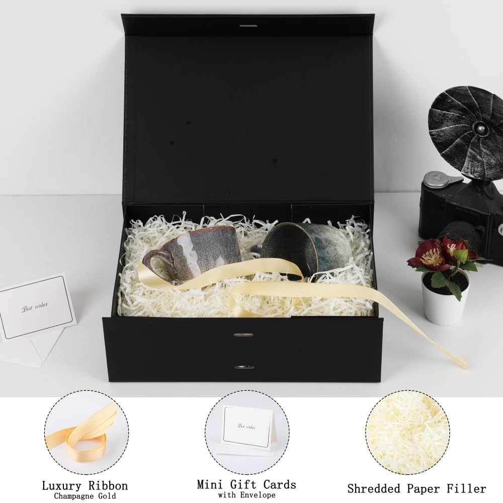 Scatole regalo grandi con coperchio, confezione da 5 pezzi, 33 x 22 x 10 cm, grandi scatole regalo nere con nastro, scatole regalo pieghevoli per regali, festa del papà, scatola per proposte dello