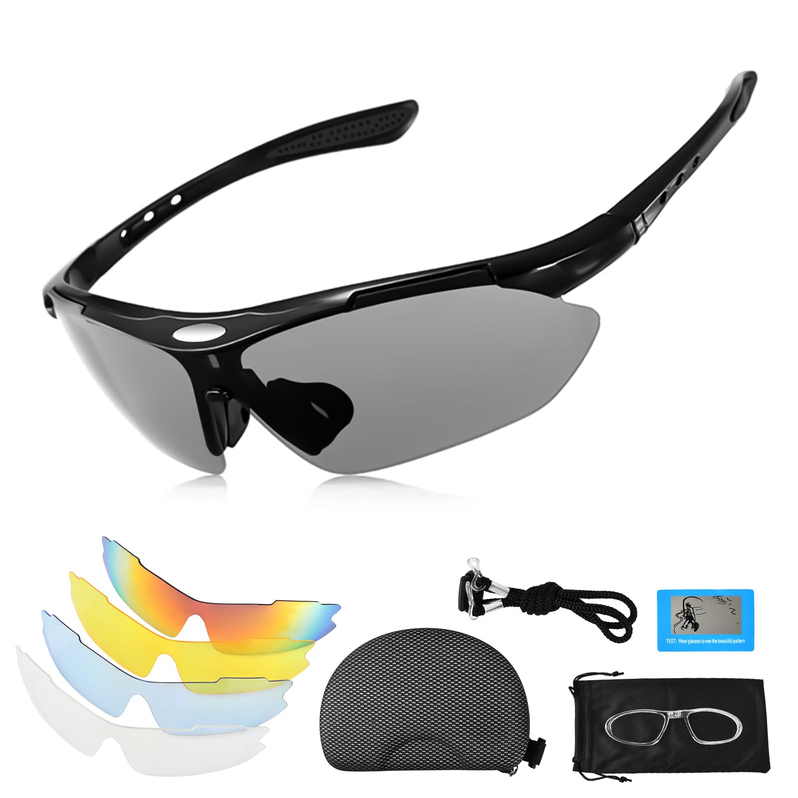 Polarisierte Fahrradbrille Sonnenbrille mit 5 Wechselgläsern, 30g TR90 Leicht Sportbrille Damen Herren, UV400-Schutz Selbsttönende Radsportbrillen, Polarisiert Schnelle Brille Radbrille Laufbrillen Sport & Freizeit