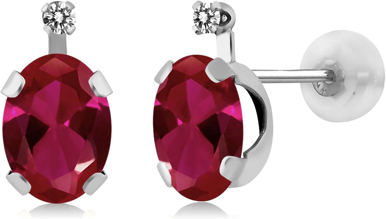 Gem Stone King 14K White Gold Red Created Ruby and White Diamond Earrings For Women (1.89 Cttw, Gemstone July Birthstone, Oval 7X5MM)