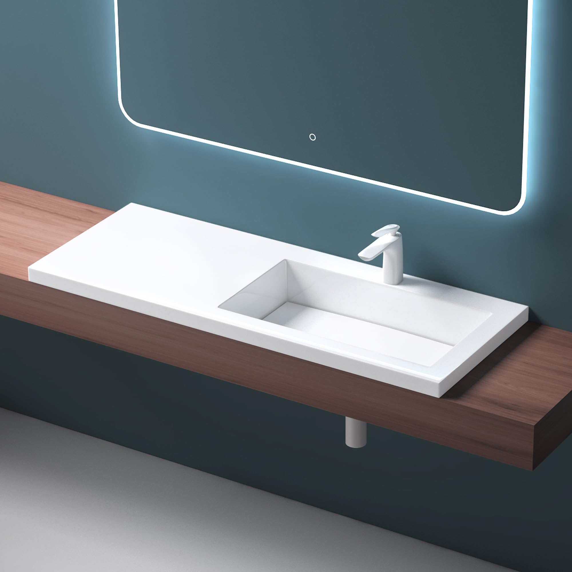 Mai & Mai Bathroom Sink Basin Built-in Wash Basin | Cast Stone Resin Sink Rectangular Glossy White | Solid Surface with Drain Cover | WDH：120x46x13.5cm Col820R